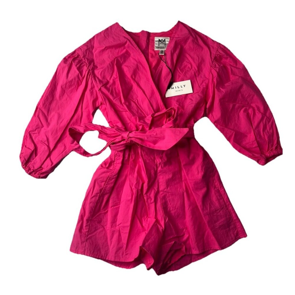 Milly Minis Girls Paulina Poplin Romper Pink Hibiscus Size 7/8 With Tags